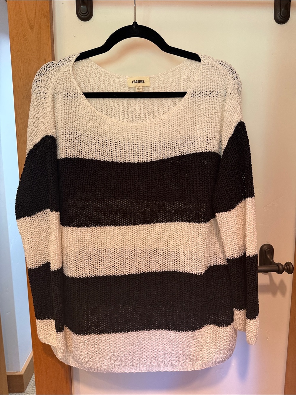 L'AGENCE Black and White Wide-Stripe Scoop Neck Sweater